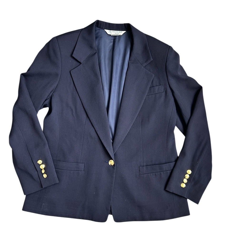 Austin Reed Vintage Wool Women's Blazer in Deep Blue and Gold Buttons size 12P - Picture 8 of 14